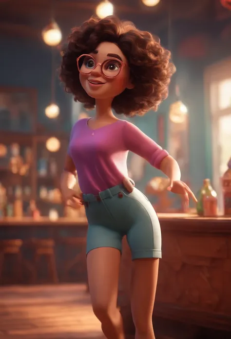 Pixar style image with 3D character white glasses brunette woman short curly hair dancing