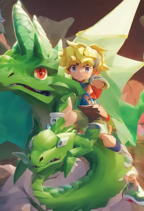 Theres a cartoon of a man holding a green dragon, illustration HXH, Krenz Cushart e Artgerm, estilo de arte pokemon, Krenz Cushart e Asher Duran, pokemon trainer, pokemon espada e sheild, Arte Oficial, arte oficial altamente detalhada, fanart requintada al...