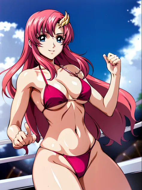 (masterpiece, far view, 4K, Best Quality, Anime style: 1.9,, Adult Woman, ultra detailed face, (cloud background, wrestling), Drawing lines, high resolution, Anime, lacus4), 1girl, Solo, curvy figure, Long hair, 鎖骨, scapular, (Detailed wide hair bangs, Hai...