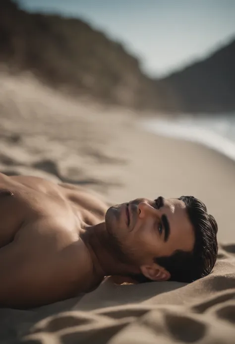 Fit 20 year old man laying down  on a beach. the man has wavy black hair and blue eyes. the man is smiling and has dimples on his cheeks. the man is naked with a fishing net covering his groin.