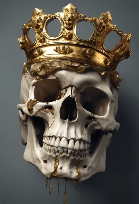 Skull with golden crown on its head and crumbling jaw only takes up 40% of screen