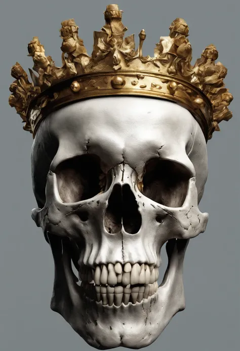 Skull with golden crown on its head and crumbling jaw only takes up 40% of screen