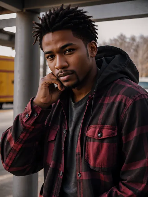 lifestyle photography, photo of a handsome black man, meditative facial expression, red flannel shirt, black cargo pants and combat boots, close up on face, soft lighting, high angle, shot on a Fujicolor Pro