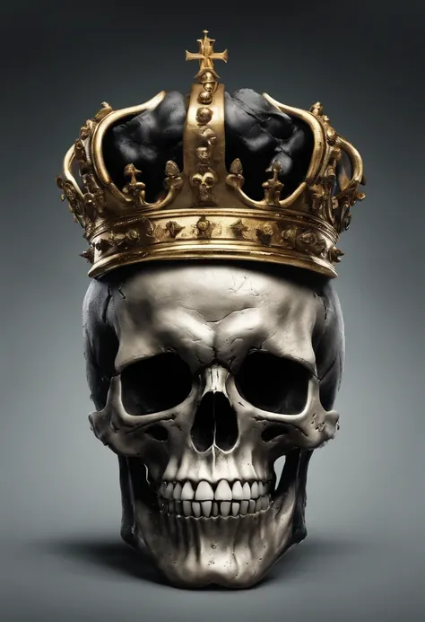 Small Skull that only takes up 30% of the screen with golden crown on its head and crumbling jaw black BACK ROUND and inferno underneath