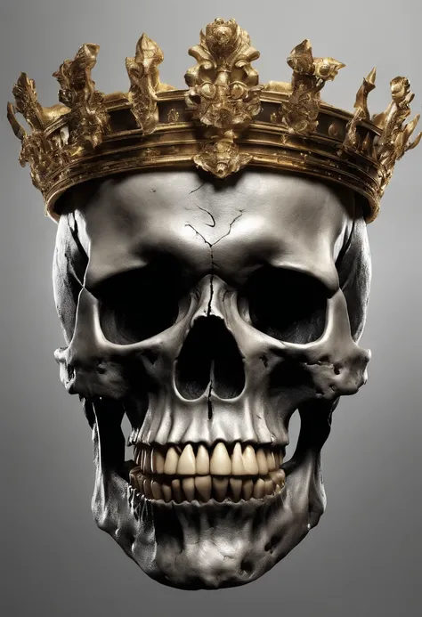 Small Skull that only takes up 30% of the screen with golden crown on its head and crumbling jaw black BACK ROUND and inferno underneath