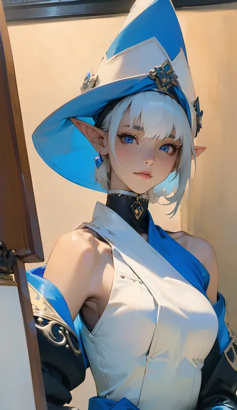 elf woman, 1girl, ((rock jacket)), black clothing, with White Cloak, royal blue tunic over plate armor, white hair, asymmetrical bangs, short hair, detailed eyes, beautiful, hyperdetailed face, witch symbols,insanley detailed face and eyes, Perfect lips, e...