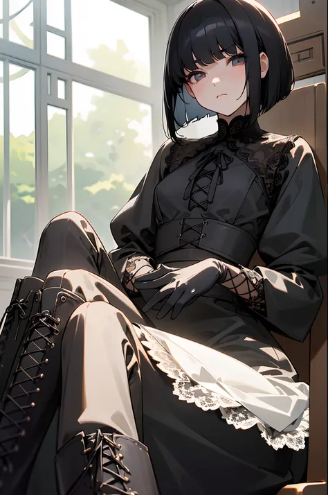 1 girl、A dark-haired、On-eyebrow bangs、bob cut  hair、(Sanpaku eyes:1.3)、Wearing a black dress in the Gothic style、(Wearing black latex gloves:1.3）、Sitting in a chair with your back straight、(Wearing white lace-up boots:1.3)、Condescending look、perfect anatom...