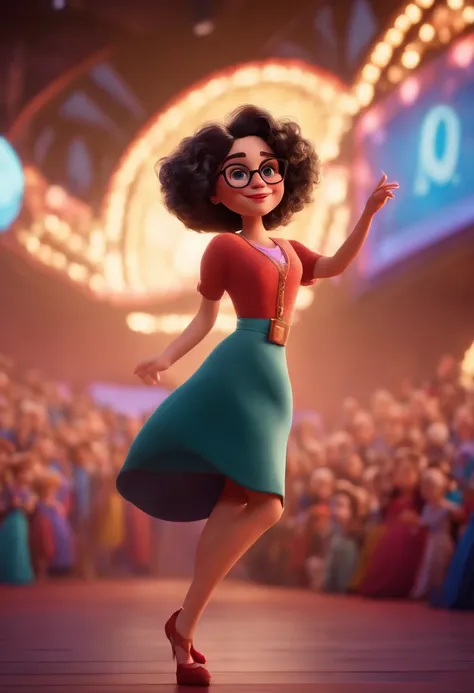 Magem Pixar Style with 3D Character Brunette Woman Glasses White Short Curly Hair Dancing on Disney Stage