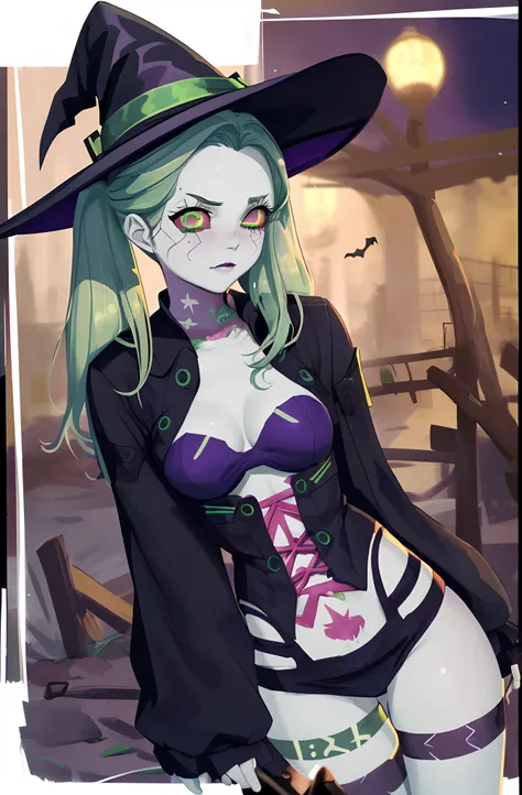 Rebecca as a witch, halloween, cprebecca, fishnets, twintails, green pupils, cprebecca , colored skin ,white skin, green hair, twintails