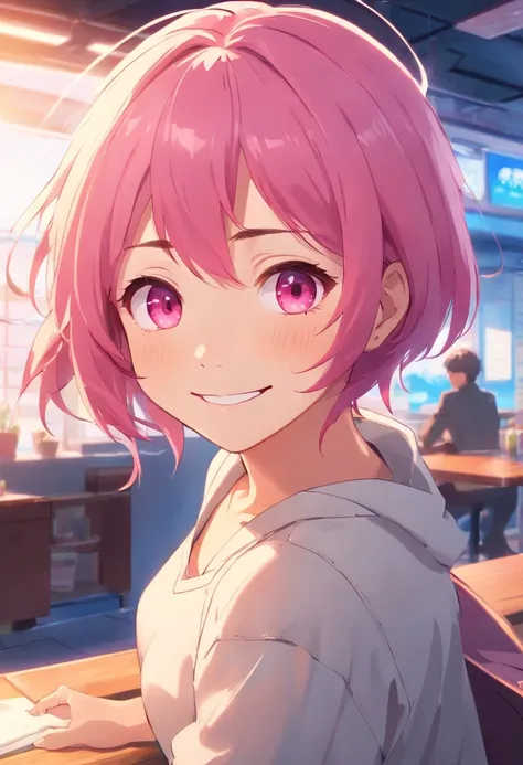 Anime girl smiling, pink hair, messy hair short hair, pink eyes, cute face, girlfriend look, looking at audience, sensual pose, J-cup