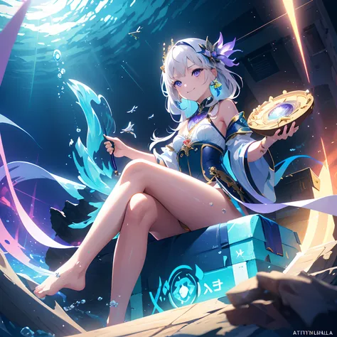 [(Transparent background:1.5)::5],(((masterpiece))),(((best quality))),(((extremely detailed))),illustration, 1girl,solo,mysterious,vivid color,shiny, underwater transparent sealed hemispherical glass dome, (white hair),(purple eyes), full body,barefoot,lo...