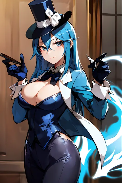 (blue-haired anime character, top hat, holding a letter, top-rated on Pixiv, seductive anime girl, magician outfit, magic top hat, 4k)