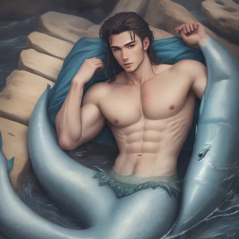 Handsome realistic young Nordic merman alone