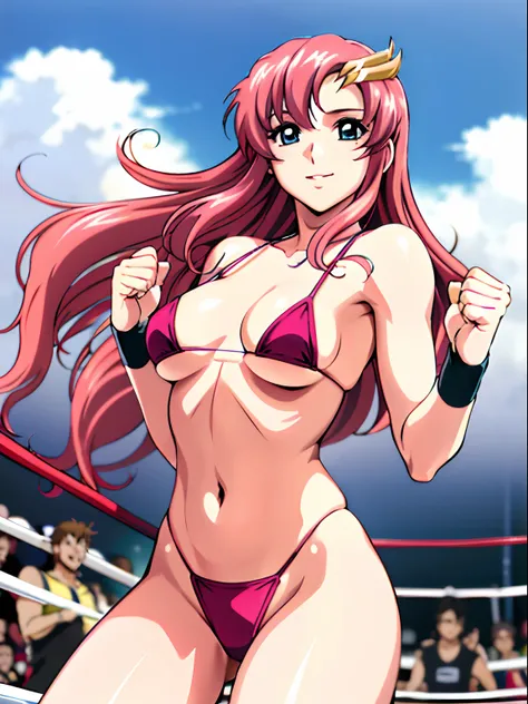 (masterpiece, far view, 4K, Best Quality, Anime style: 1.9,, Adult Woman, ultra detailed face, (cloud background, wrestling), Drawing lines, high resolution, Anime, lacus4), 1girl, Solo, curvy figure, Long hair, 鎖骨, scapular, (Detailed wide hair bangs, Hai...