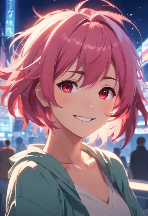 Anime girl smiling, pink hair, messy hair short hair, red eyes, sensual look , looking at audience, sensual pose, J-cup