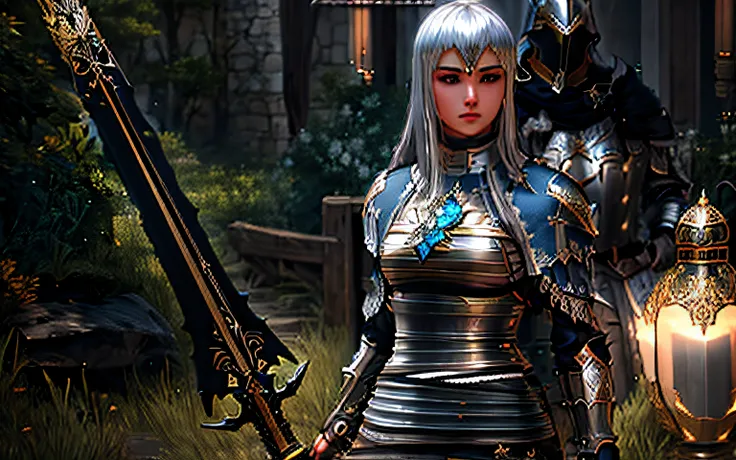 Female Arafed in armor with a sword and a sword in a field, armadura branca brilhante, Armadura refletida cor de fogo preta, Armadura refletida da cor do gelo da lasca, <Cena MMORPGS, elegante armadura branca brilhante, blade and soul, com armadura pratead...