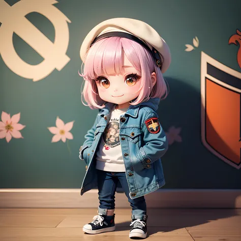 ​masterpiece、top-quality、ultra-detailliert、(Chibi Charas Daughter:1.2)、Solo、White Bob、Denim Beret、Denim jacket(decoration、coat of arms、Emblem decoration:1.3)、damage jeans、Denim Shoes、Denim Shoulder Bag、Monet flower wallpaper on background、Standing、A smile、