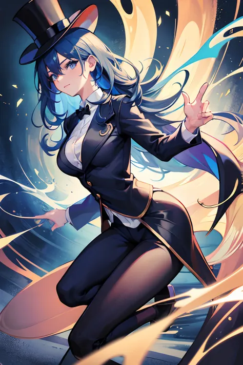 young girl, with daek blue hair, wearing black top hat, top hat, wearing blazer, magician outfit, black legging pants, 4k, weari...