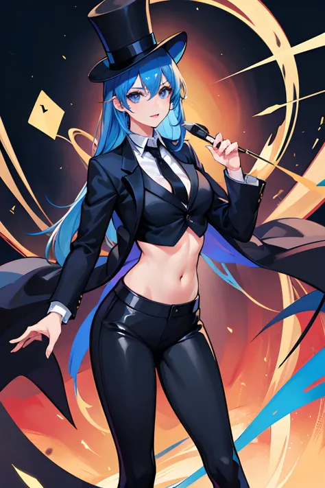 young girl, with daek blue hair, wearing black top hat, top hat, wearing blazer, magician outfit, black legging pants, 4k, weari...