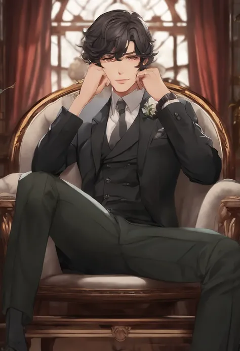 anime man sitting in a chair with his hand on his chin, handsome anime pose, inspired by Bian Shoumin, official illustration, shigenori soejima illustration, anime portrait of a handsome man, handsome guy in demon slayer art, official art, official charact...