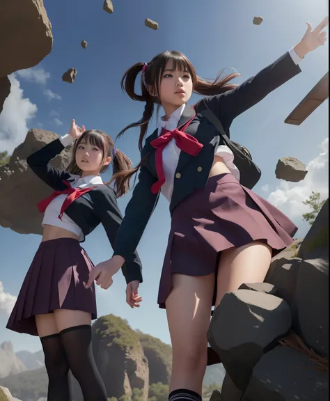 twins,school girl,japanese,same clothes,falling rocks,(best quality,4k,8k,highres,masterpiece:1.2),ultra-detailed,(realistic,photorealistic,photo-realistic:1.37),portraits,vibrant colors,dappled sunlight