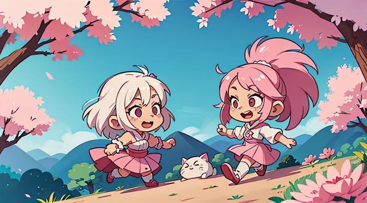 Girl with white hair. Girl with pink hair. Sakura. joying.