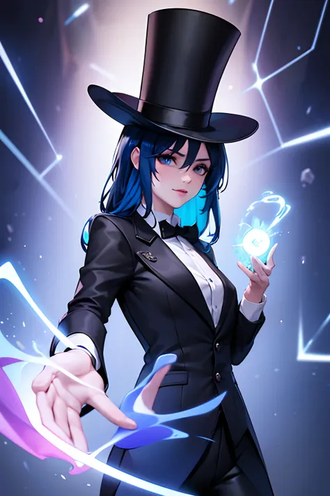 girl, with daek blue hair, wearing black top hat, top hat, wearing blazer, wizard costume, black leggings, 4k, using magic in he...