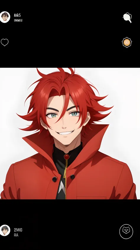 Um menino, como um personagem de anime, ((vermelho)) olhos baggy, sorridente, mas tem um temperamento, cara de anime alto com olhos azuis, em estilo anime, sorrindo lascivamente, estilo anime masculino, menino anime, estilo anime sutil, jovem homem de anim...