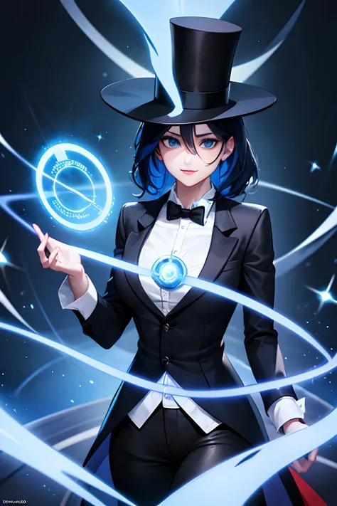 girl, with daek blue hair, wearing black top hat, top hat, wearing blazer, wizard costume, black leggings, 4k, using magic in he...