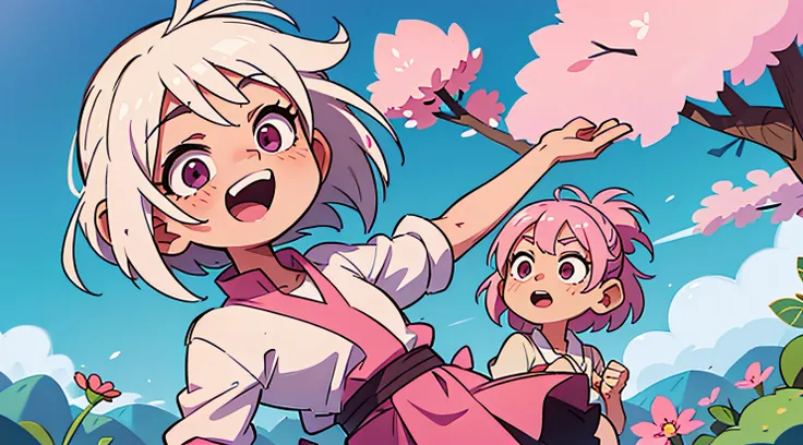 Girl with white hair. Girl with pink hair. Sakura. joying. Best Quality