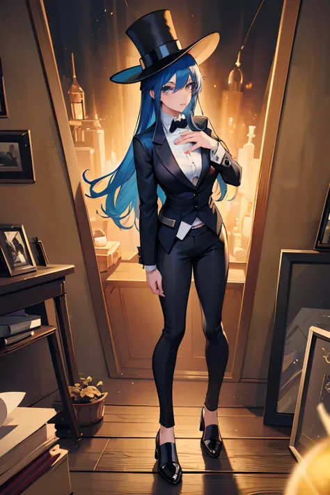 young girl, with daek blue hair, wearing black top hat, top hat, wearing blazer, magician outfit, black legging pants, 4k, weari...