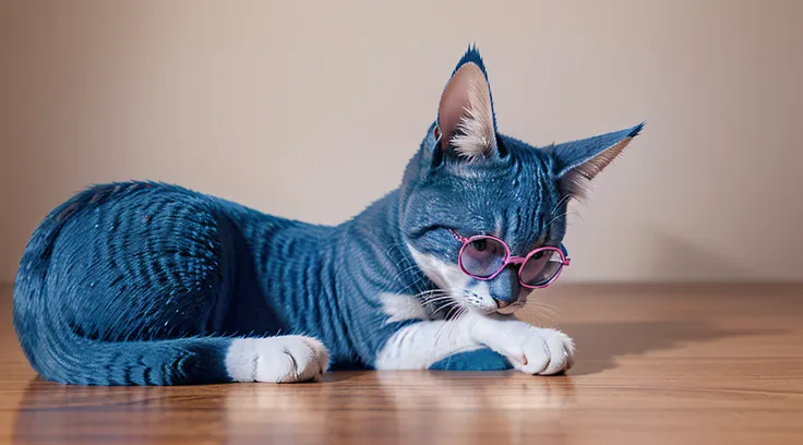 Blue Cat in Pink Glasses, fundo amarelo, 3d, highes definition