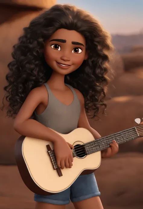 crie um banner no estilo Pixar. A boy with Indian features, moreno pardo com cabelos curtos, castanhos escuros, curly and slightly graying but youthful appearance, usando uma camiseta, Wearing jeans and holding a classical guitar with 7 strings. Beside him...