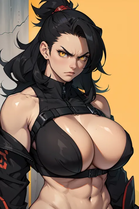 angry huge tits black hair muscular pale skin girl yellow eyes