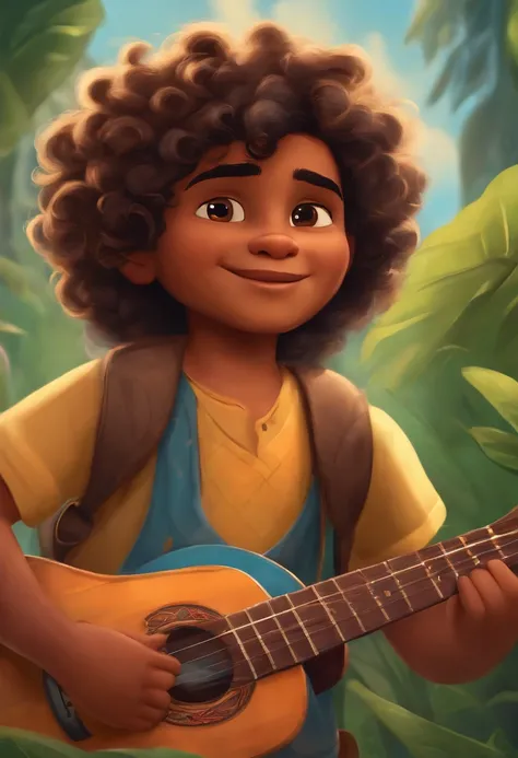 crie um banner no estilo Pixar. A boy with Indian features, moreno pardo com cabelos curtos, castanhos escuros, curly and slightly graying but youthful appearance, usando uma camiseta, Wearing jeans and holding a classical guitar with 7 strings.