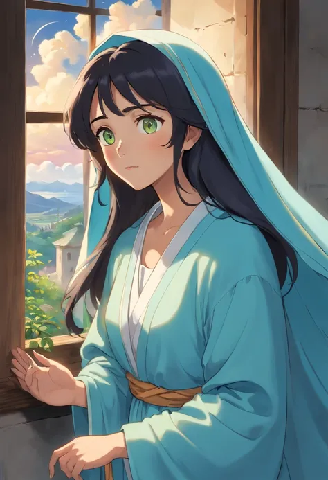 Mother of Jesus, black hair and green eyes, light brown skin, wearing a light blue robe, and a sky blue veil, a serene expression that brings peace (full body) near a window, illuminated by the moon (magnificent and realistic)