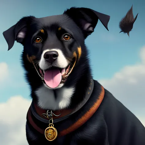 A disney Pixar-inspired movie poster, with title: Captain Sirius. The main character is a black dog, slim body, beautiful and long fur, with only the right eye, the left eye is scarred, he has some white fur around his mouth as he is 6 years old. The dog i...