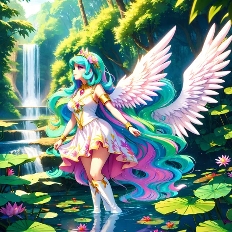 Celestia, celestia from my little pony, celestia in the form of a girl, long wavy hair, pink eyes, lush breast, greek columns, outside, beautiful majestic forest, vine leafs surrounding the columns, bush of flowers everywhere, wear a white goddess dress, k...