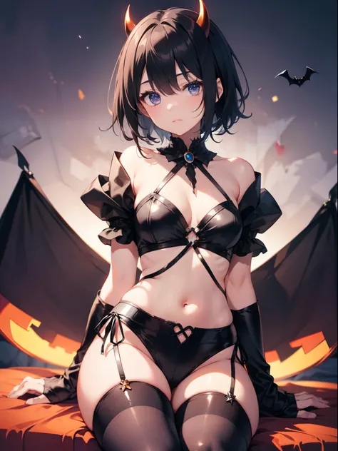 The ultra -The high-definition、high-level image quality、top-quality、Full feet and hands、complete fingers、Slender beautiful woman、1 persons、Leather Halloween Cosplay、Small Devil、Bery short hair、Black stockings、Halloween Party、cinematlic lighting