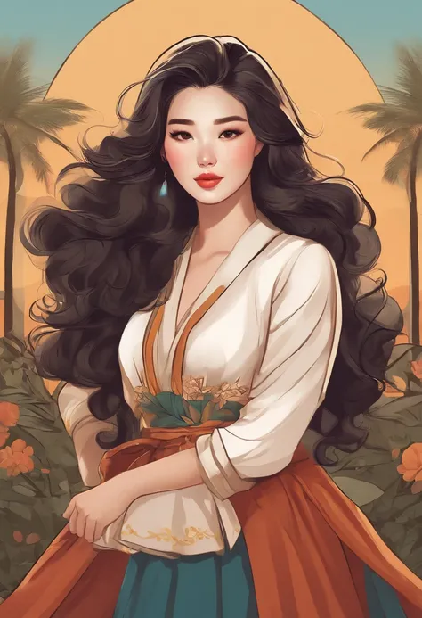 Cartoon image of a woman with permed hair, Super pretty 20 year old Korean girl, Cartoon style illustration, Cartoon Art Style, Cartoon Art Style, Digital illustration style, Highly detailed character design, cute detailed digital art, beautiful digital il...