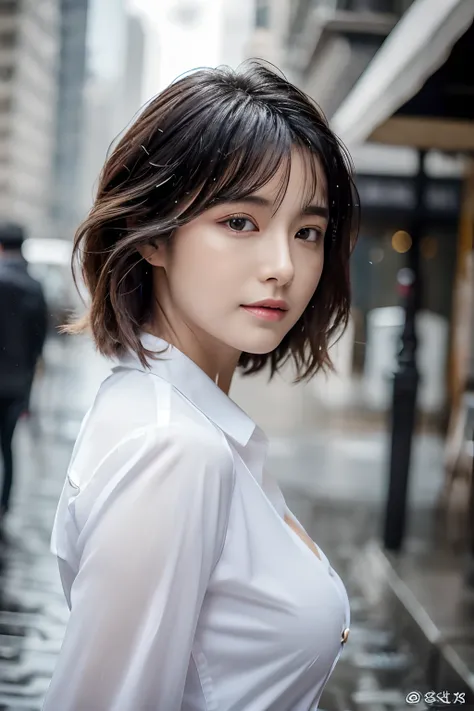 ((Best Quality, 8K, Masterpiece: 1.3)), Sharp: 1.2, Perfect Body Beauty: 1.4, Slim Abs: 1.2, ((Layered Hairstyle, Big Breasts: 1.2)), (Wet White Button Long Shirt: 1.1), (Rain, Street: 1.2), Wet: 1.5, Highly detailed face and skin texture, detailed eyes, d...