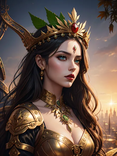 A woman (Jesica Alba :1.1) red lips, green eyes, as the queen of Cannabis, with a crown, steampunk style, with armor made of copper and Gold, and Cannabis plants and leafs all over to create a tasteful style poster to promote Cannabis, beautiful art uhd 4 ...