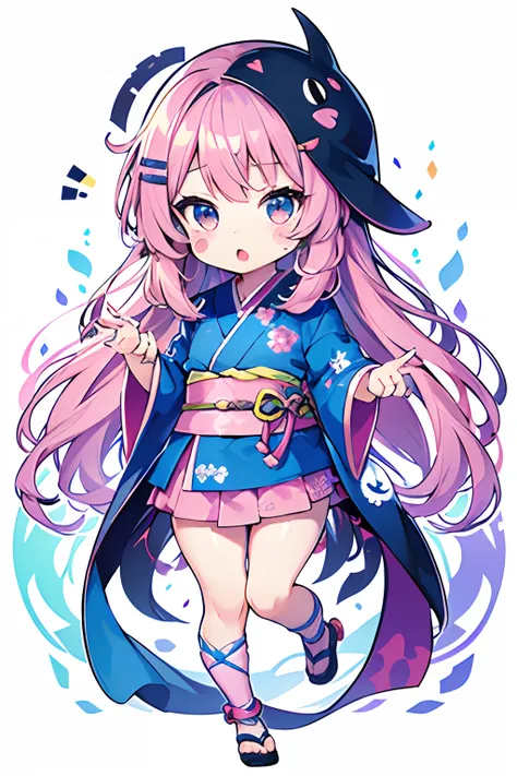 1girl, ((Sticker: 1.5))), ((Chibi character)), (white background), Fluffy, Girl, High School Student, Ninja Girl Costume, Kimono, Schoolgirl Pose, ((Chibi Chara)), Full Body, Pastel Hair, Fairy Tale, Fantastic, Rainbow, T-shirt Design, Best Masterpiece, Be...