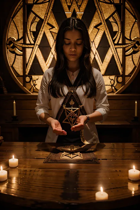 An image depicting an invocation ritual, como uma pessoa segurando uma vela ou um pentagrama