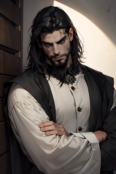 Sullen senior man with shoulder-length black hair, with a beard, dark eyes, Dark clothing, Gloomy room