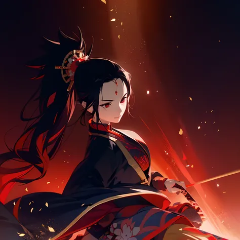 Female samurai with long red hair wearing a short kimono that is black and red with gold lining holding a naginata