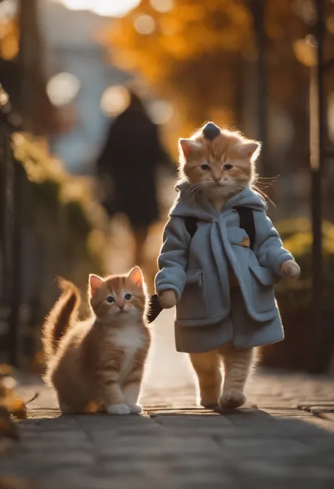 Autumn season、I have two kittens, a cute little cat, Cute kittens, adolable, Incredibly cute, cute cute, And cute and cute. they are walking down the street with their backpacks on, walking together, commute, proudly walking down the street, the cat is wal...