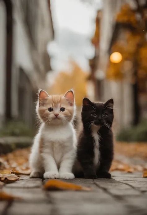 Autumn season、I have two kittens, a cute little cat, Cute kittens, adolable, Incredibly cute, cute cute, And cute and cute. they are walking down the street with their backpacks on, walking together, commute, proudly walking down the street, the cat is wal...