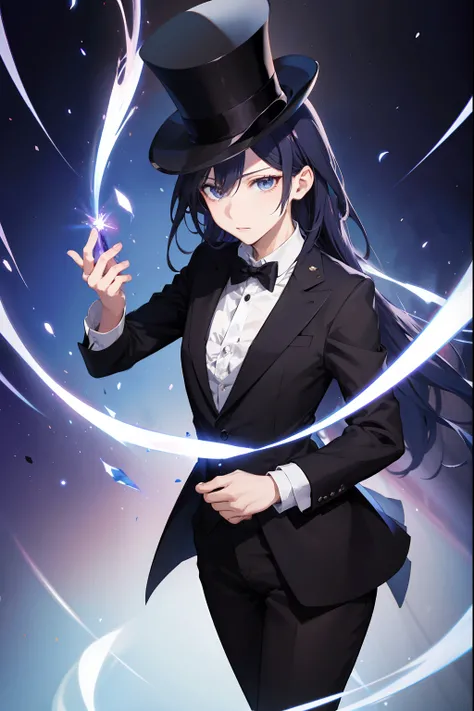 Anime character dressed in tuxedo and top hat with a magic wand, Maga Feminina, Marin Kitagawa Fanart, anime moe artstyle, magica, Preto - Mago Cabelo, arte oficial do personagem, magic uniform, KDA, Retrato completo do elementalista, Gatilho Estilo de Art...