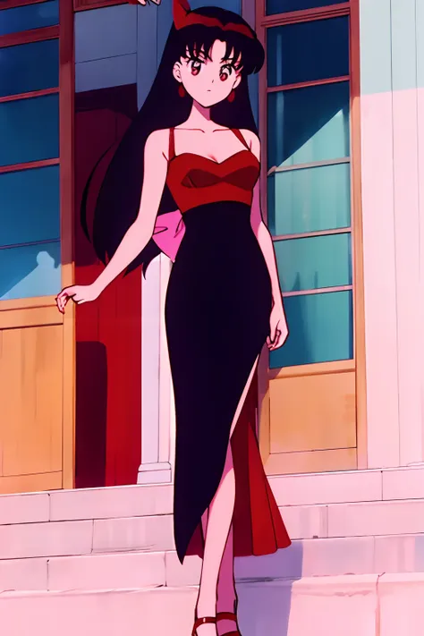 rei hino, evening dress, red dress, night, restaurant entrance